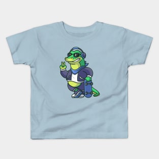 Cute Cool Crocodile With Skateboard And Wearing  Headphone Cartoon Kids T-Shirt